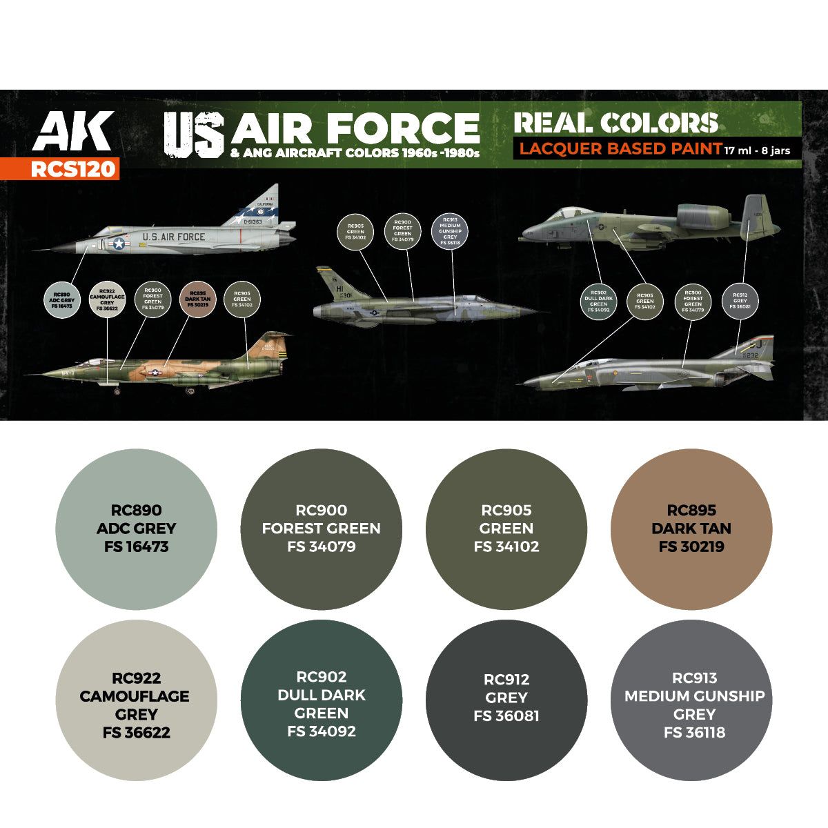 AK-Interactive: Real Colors Lacquer Paint Set US Air Force & ANG Aircraft Colors 1960-80s (8 colors)